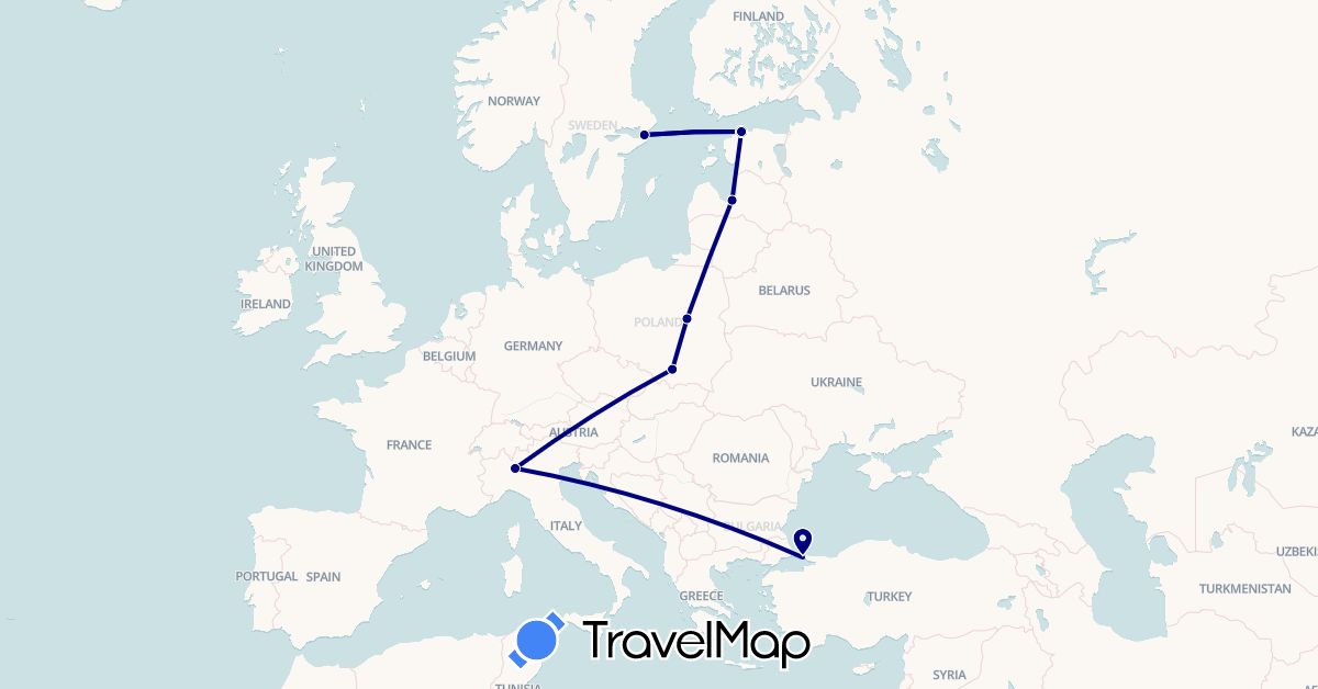 TravelMap itinerary: driving in Estonia, Italy, Latvia, Poland, Sweden, Turkey (Asia, Europe)